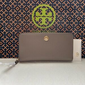 Tory Burch Walker Zip Continental Wallet Gray Heron Gold Grey